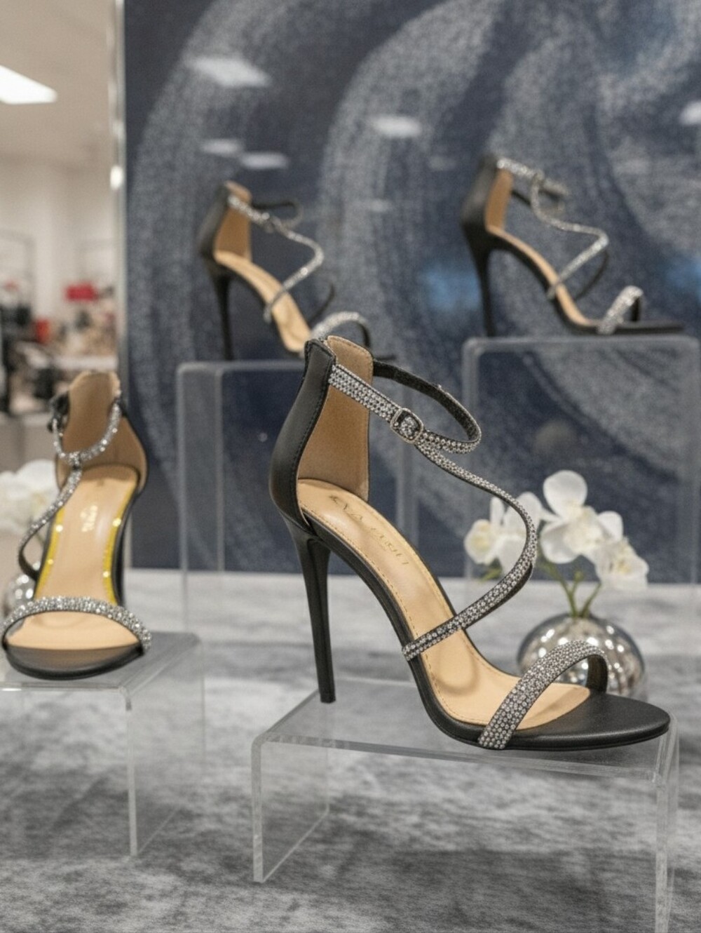 Elegant Black Rhinestone Strappy High-Heel Sandals